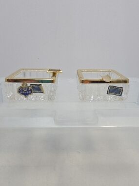 Vintage Beyer West Germany Lead Crystal Ashtray Set Of 2 Gold Tone Trim (C5)